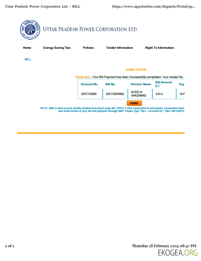 India Uttar Pradesh Power Corporation Limited utility bill template in Word and PDF formats